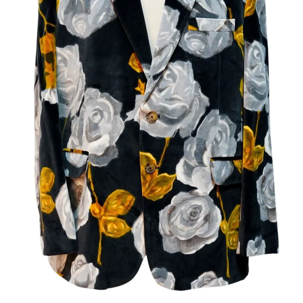 Mens Velvet Sport Coat 44R Black Gray Gold Rose Floral Blazer 2 Button Party